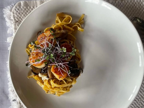 Scallop & Pappardelle Pasta with Mushrooms & Goat Cheese